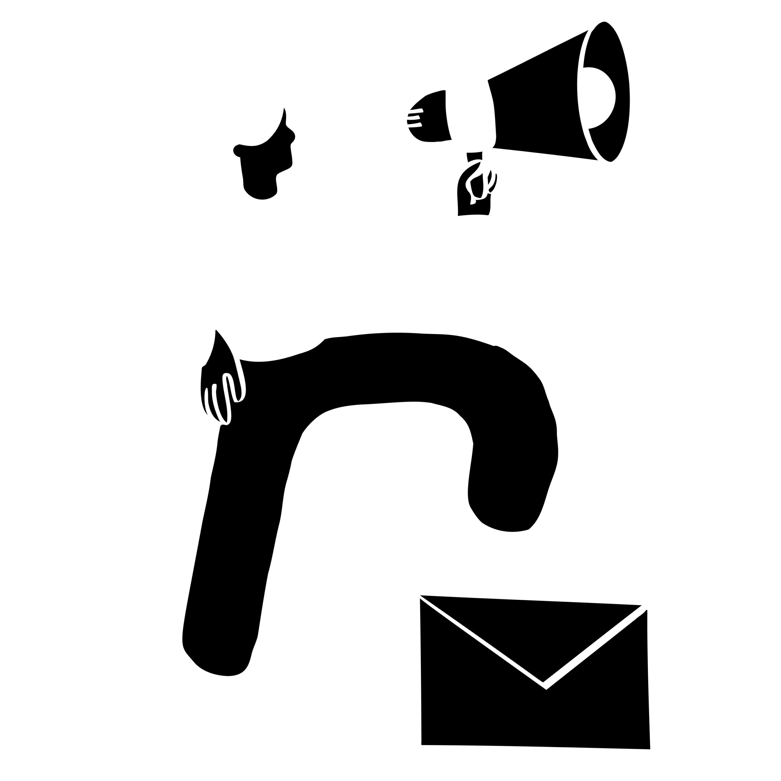 Woman holding megaphone with one foot on an envelope.